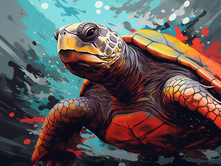 A Character Cartoon of a Sea Turtle on an Abstract Background with Thick Textures and Bold Colors