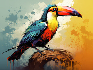 A Character Cartoon of a Toucan on an Abstract Background with Thick Textures and Bold Colors