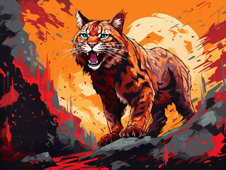 A Character Cartoon of a Bobcat on an Abstract Background with Thick Textures and Bold Colors