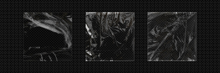 Vinyl transparent wrap film for packaging with overlay effect. Whole with wrinkles and folds and torn square plastic cover. Realistic vector illustration set of cellophane or polythene wrapper mockup.