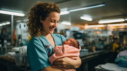 A midwife holds a baby in her arms. International Day of the Midwife. A young midwife nurse hugs a newborn baby against the backdrop of the ward. Generative AI - obrazy, fototapety, plakaty