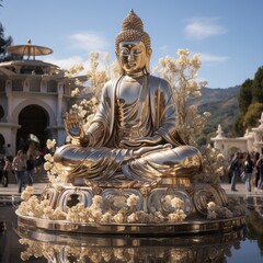 a beautiful buddha statue among the landscape and the monastery.