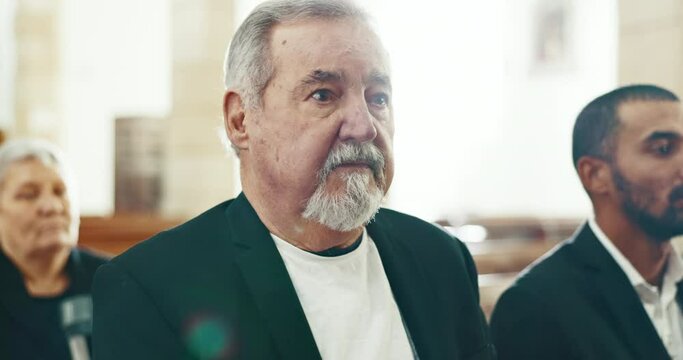 Sad, senior man and closeup at a funeral in church for religious service and mourning. Grief, elderly male person and burial with death, ceremony and grieving loss at a chapel event in formal suit