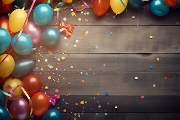 birthday party balloons, colourful balloons background and birthday cake with candles	