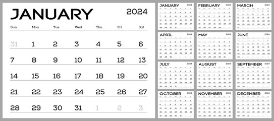 Wall calendar for 2024 in a minimalist, simple style. Black inscriptions. The week starts on Sunday. Business planner. Editable and print-ready template