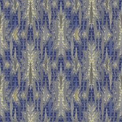Seamless abstract ikat pattern. Blue, gold ornament on a gray background.
