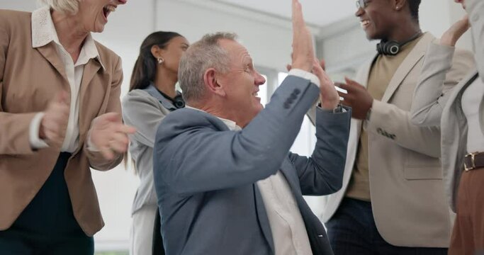 Success, high five or happy businessman with stock market goal, achievement or profit target online. Deal, winner clapping or excited senior trader winning a crypto bonus prize on website or laptop