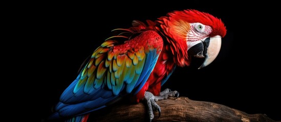 scarlet macaw on black background.