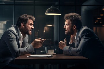Photo of a boss and employee in a difficult conversation with visible tension. Generative AI