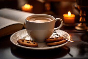 A cup of coffee with delicious cookies against the backdrop of your favorite playbook with romantic and warm candlelight.
