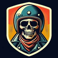 illustration of skull biker in shield, vintage logo style, ai generate