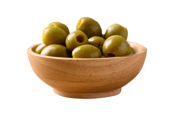 Pickled olives, Pitted green olives in wooden bowl