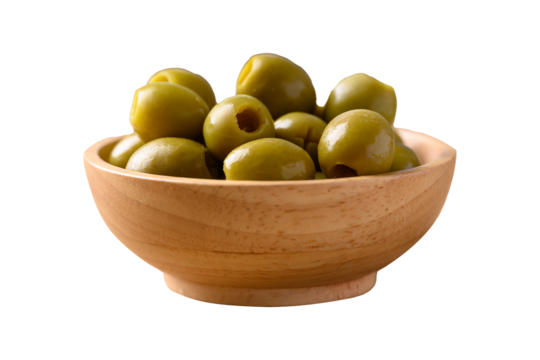 Pickled olives, Pitted green olives in wooden bowl - Powered by Adobe
