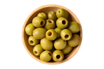 Pickled olives, Pitted green olives in wooden bowl, top view