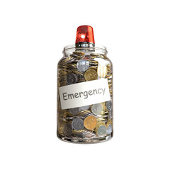 Coin in a glass jar with Emergency label, Save money concept on transparent background, PNG file