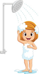 Cartoon little girl taking a bath