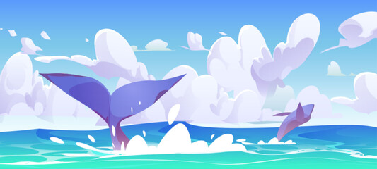 Cartoon sea or ocean landscape with jumping whales. Sunny day vector illustration with whale or orca tail and splashes on water. Observing and exploring large cetacean animal in its natural habitat. - obrazy, fototapety, plakaty