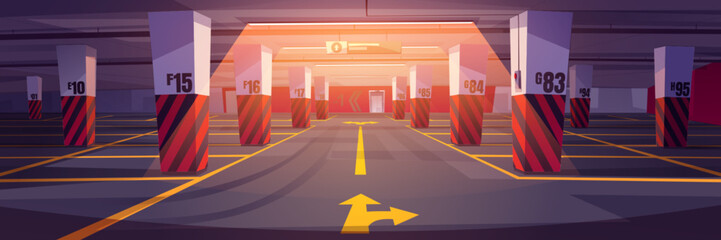 Empty underground car parking interior with markings and direction arrows, concrete floor and columns. Cartoon vector illustration of public basement lot. Garage area with free parking space.