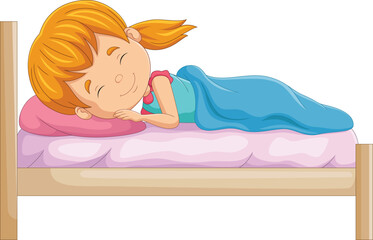 Cartoon little girl sleeping in bed