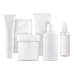 A set of cosmetics. Cosmetics in white packages, vials, tubes. Cosmetologist's kit. Cosmetics for face and body.