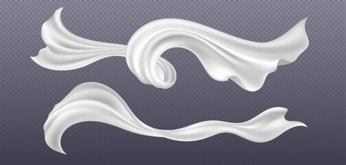 White silk ribbons set isolated on transparent background. Vector realistic illustration of light fabric flying in air, satin cloth waves floating in wind, soft home textile, decoration element