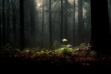 Close-up of a young fern plant bathed in morning light. Background of a pine forest out of focus,