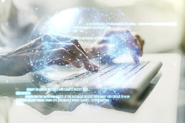 Multi exposure of abstract graphic coding sketch with world map and hands typing on computer keyboard on background, big data and networking concept