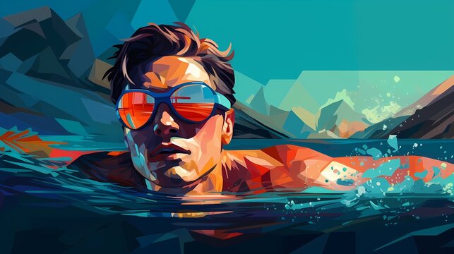 Man swimming and wearing swimming goggles with mountain rock background, illustration painting style, summer vacation
