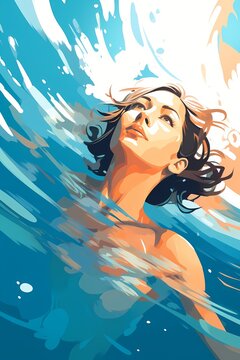 Woman swimming with water background, illustration painting style, summer vacation