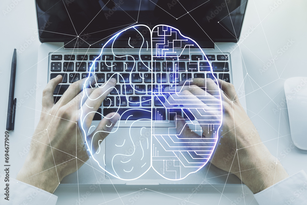 Aufkleber double exposure of creative artificial intelligence symbol with hands typing on laptop on background