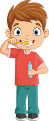 Cartoon little boy brushing teeth