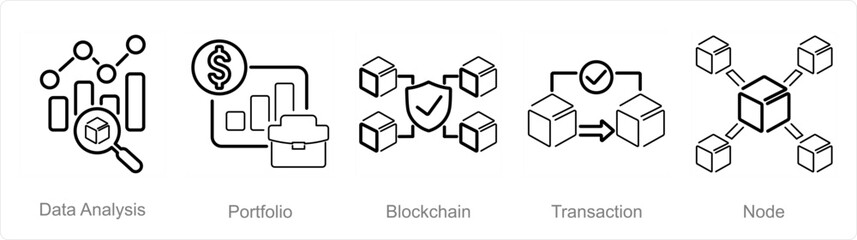 A set of 5 Blockchain icons as data analysis, portfolio, blockchain