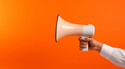 Hand holding megaphone on Orange background. Hiring, advertising and marketing, Generative Ai - obrazy, fototapety, plakaty