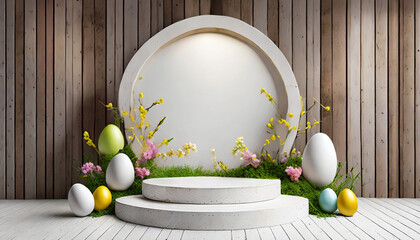 Easter background with round podium and easter ornaments