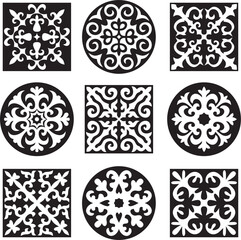 Vector set of black monochrome signs Kazakh national ornament. Ethnic  pattern of the peoples of the Great Steppe, .Mongols, Kyrgyz, Kalmyks, Buryats. frame border.