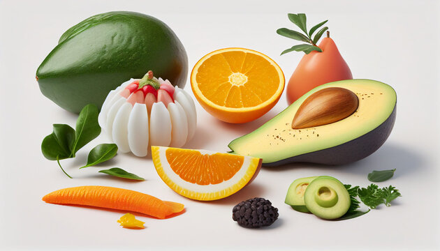 fruits and vegetables, A bunch of fresh vegetables and fruits on light pastel white background, in the style of orange, avocado punk, Ai generated image