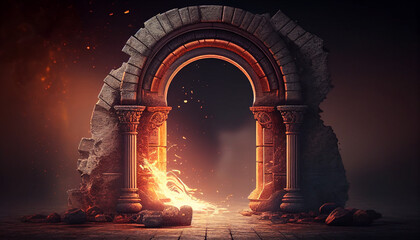 Ancient classic architecture stone arches with flames background,  ,ancient roman aqueduct, Ai generated image - obrazy, fototapety, plakaty