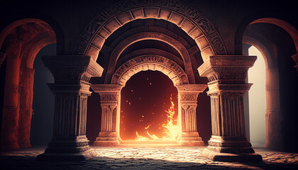 Ancient classic architecture stone arches with flames background,  ,ancient roman aqueduct, Ai generated image