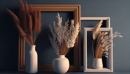 still life with a vase and a feather, any different wooden frames with blank canvas leaning against wall and vase with pampas grass background, Ai generated image