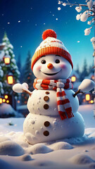 A Snowman With a Red Hat and Scarf
