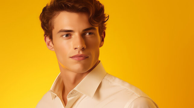 Portrait of a handsome elegant sexy Caucasian man with perfect skin, on a yellow background, close-up.