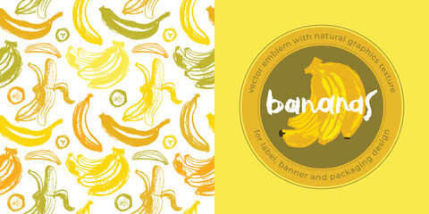 Color banana pattern seamless for banner template. Banana wallpaper. Tropical ornament with crayon texture. Vector bananas background.