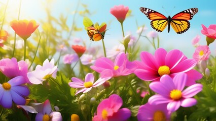 spring vibrant nature with flowers and insect photo realistic wallpaper
