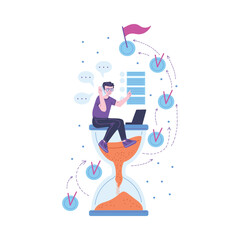 Fototapeta premium Tiny man sitting on hourglass, talking on the phone, working on laptop and complete tasks.