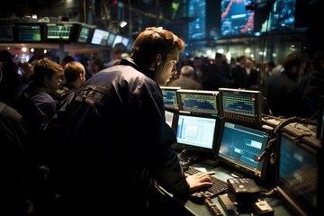New York Stock Exchange. Traders Engrossed in Market Data Analysis, Creating a Vibrant Atmosphere - obrazy, fototapety, plakaty