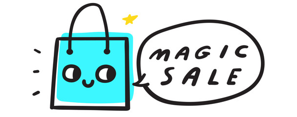 Magic sale. Cute shopping bag with eyes. Hand drawn vector flat illustration. Marketing. Promotion banner. Advertisement