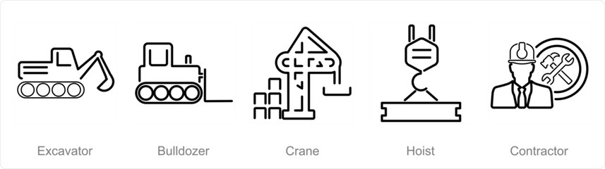 Fototapeta na wymiar A set of 5 Build icons as excavator, bulldozer, crane