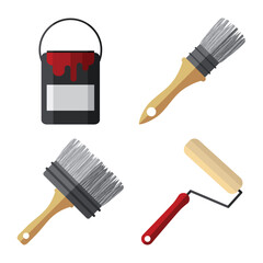 Set of painting tools. Carpentry tools for painting surfaces. Brushes, a can of paint and a paint roller. Vector illustration isolated on a white background for design and web.