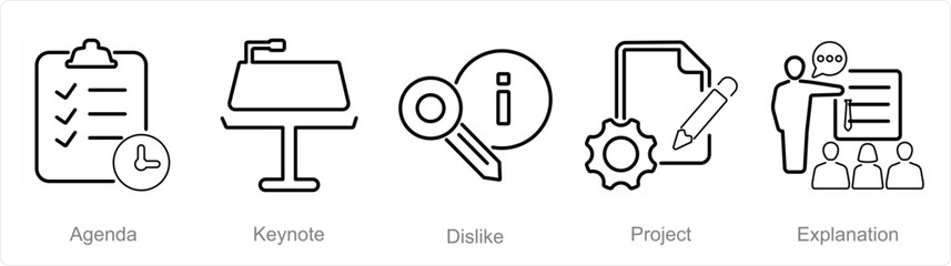 A set of 5 Business Presentation icons as agenda, keynote, dislike