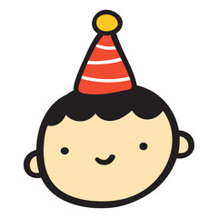 Cute happy smiling little boy face. Party hat. Flat illustration. Vector isolated icon.